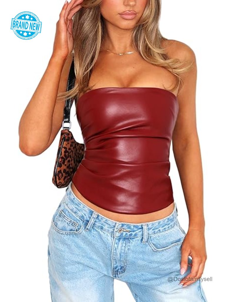Faux Leather Tube Top Strapless Going Out Tops Ruched Bandeau Crop Top